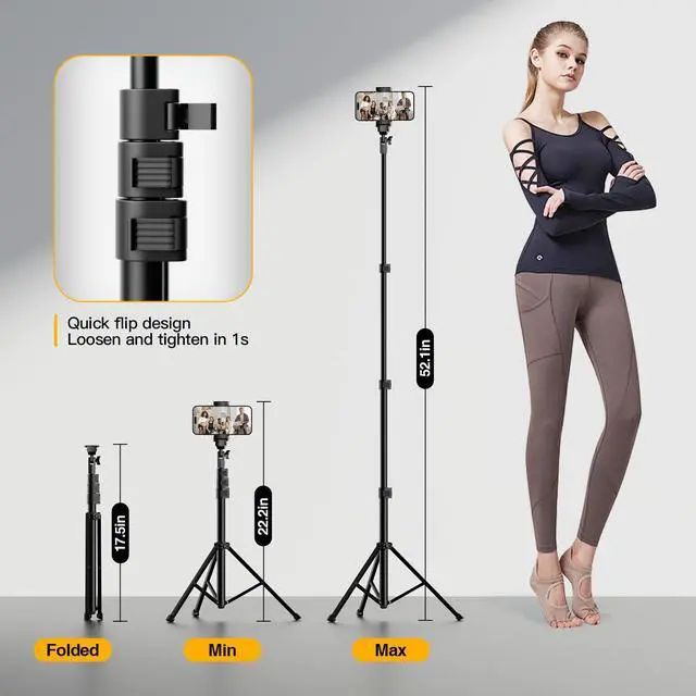 Alt view image 2 of 7 - 52 Cell Phone Tripod Stand for iPhone, Adjustable Floor Cellphone Tri Pod Holder with Remote, Portable Smartphone Compact Travel Selfie Stick for Video Recording Camera Ring Light Filming
