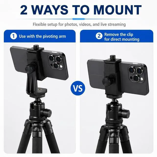 Alt view image 5 of 7 - Cell Phone Tripod Mount Holder, Smartphone Tripod Cell Phone Holder Mount Adapter Clip, Digtal Camera Bracket Selfie Lens Monopod Adjustable Ring Light for Camcorder,Compatible for Most Cellphones