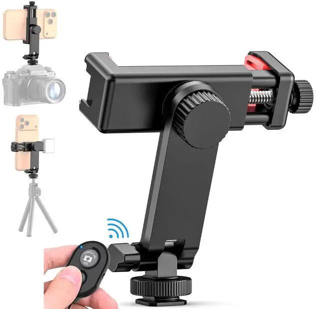 Alt view image 2 of 7 - Phone Tripod Mount with Remote Controller, New Universal Smartphone Mount Adapter with Cold Shoe, 360° Rotates Cell Phone Clip Clamp Holder, Compatible with iPhone, Samsung and All Phones