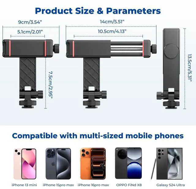 Alt view image 4 of 7 - Phone Tripod Mount with Remote Controller, New Universal Smartphone Mount Adapter with Cold Shoe, 360° Rotates Cell Phone Clip Clamp Holder, Compatible with iPhone, Samsung and All Phones