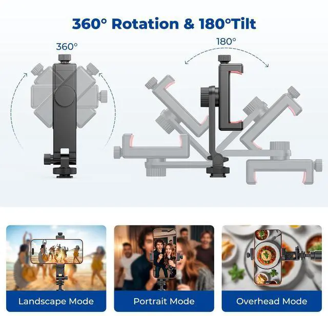 Alt view image 5 of 7 - Phone Tripod Mount with Remote Controller, New Universal Smartphone Mount Adapter with Cold Shoe, 360° Rotates Cell Phone Clip Clamp Holder, Compatible with iPhone, Samsung and All Phones