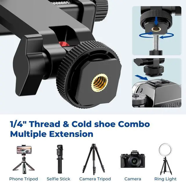 Alt view image 7 of 7 - Phone Tripod Mount with Remote Controller, New Universal Smartphone Mount Adapter with Cold Shoe, 360° Rotates Cell Phone Clip Clamp Holder, Compatible with iPhone, Samsung and All Phones