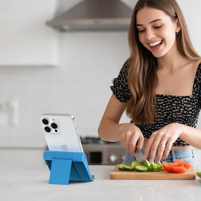Alt view image 7 of 7 - Cell Phone Stand for Desk, Foldable and Adjustable Multi-Angle Holder Dock, Universal Compatibility for Most Phone and Tablet, Portable and Sturdy Design for Office and Home (Blue)