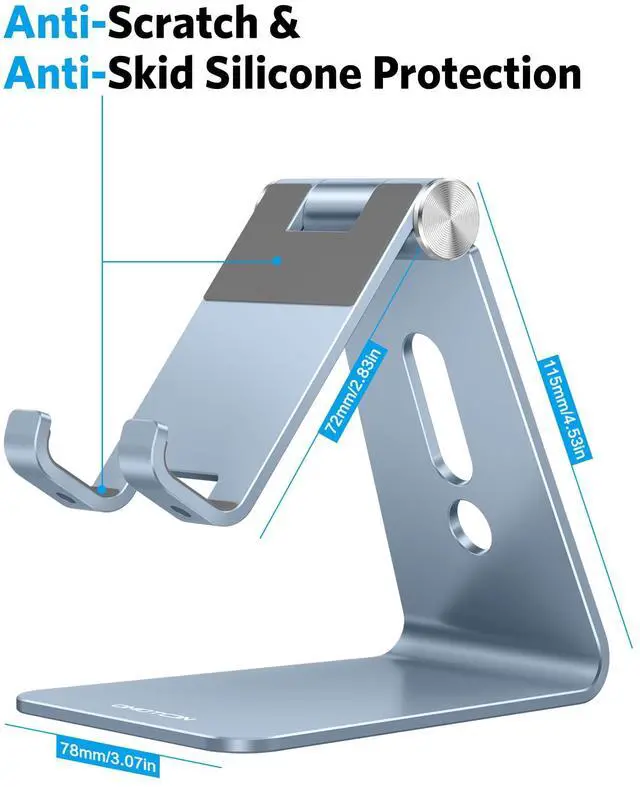 Alt view image 3 of 7 - Adjustable Cell Phone Stand, Aluminum Desktop Cellphone Stand with Anti-Slip Base and Convenient Charging Port, Fits All Smart Phones, Light Blue