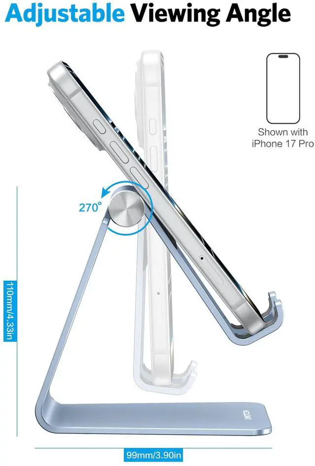 Alt view image 4 of 7 - Adjustable Cell Phone Stand, Aluminum Desktop Cellphone Stand with Anti-Slip Base and Convenient Charging Port, Fits All Smart Phones, Light Blue