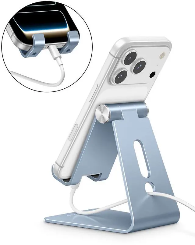 Alt view image 6 of 7 - Adjustable Cell Phone Stand, Aluminum Desktop Cellphone Stand with Anti-Slip Base and Convenient Charging Port, Fits All Smart Phones, Light Blue