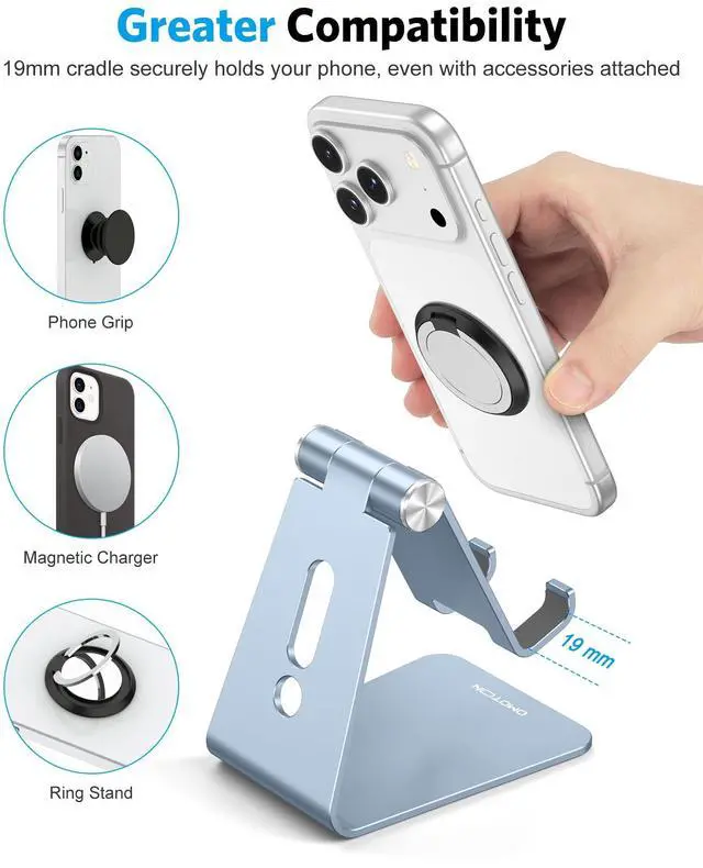Alt view image 5 of 7 - Adjustable Cell Phone Stand, Aluminum Desktop Cellphone Stand with Anti-Slip Base and Convenient Charging Port, Fits All Smart Phones, Light Blue