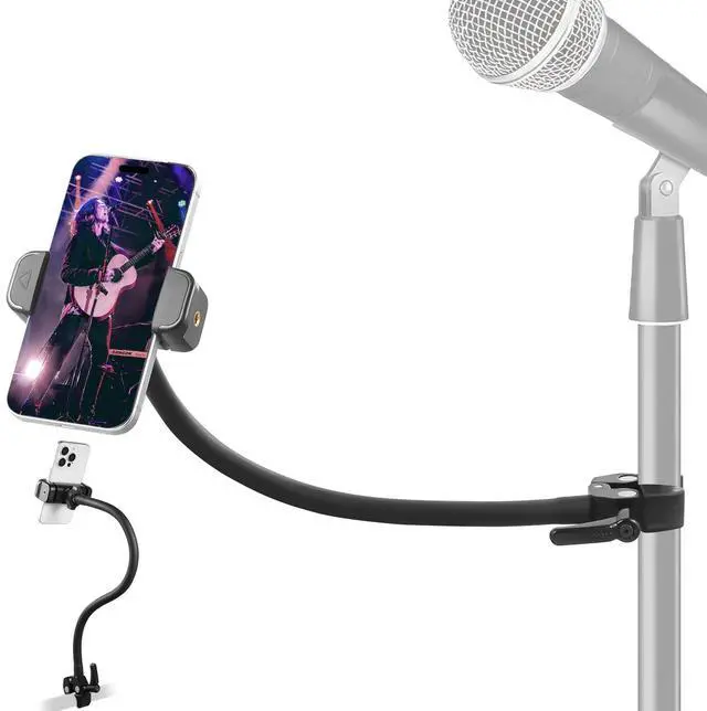 Main image of Mic Stand Phone Holder, 17.7" Flexible Gooseneck Phone Holder, 360° Adjustable Phone Mount for Music Stand/Stroller/Treadmill/Spin Bike/Exercise Bicycle, Compatible with 4-7" iPhone/Android Devices