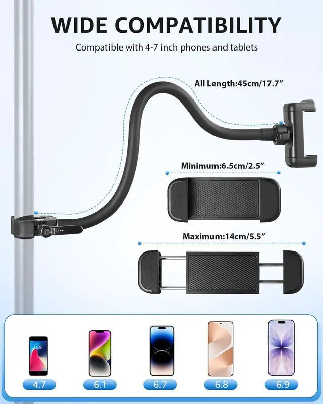 Alt view image 3 of 7 - Mic Stand Phone Holder, 17.7" Flexible Gooseneck Phone Holder, 360° Adjustable Phone Mount for Music Stand/Stroller/Treadmill/Spin Bike/Exercise Bicycle, Compatible with 4-7" iPhone/Android Devices