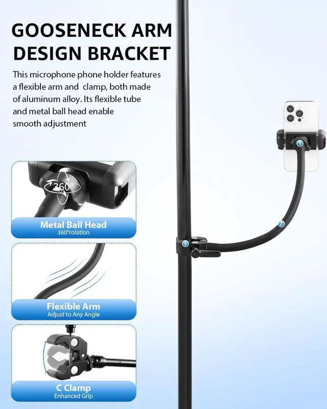 Alt view image 2 of 7 - Mic Stand Phone Holder, 17.7" Flexible Gooseneck Phone Holder, 360° Adjustable Phone Mount for Music Stand/Stroller/Treadmill/Spin Bike/Exercise Bicycle, Compatible with 4-7" iPhone/Android Devices