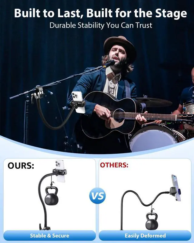 Alt view image 5 of 7 - Mic Stand Phone Holder, 17.7" Flexible Gooseneck Phone Holder, 360° Adjustable Phone Mount for Music Stand/Stroller/Treadmill/Spin Bike/Exercise Bicycle, Compatible with 4-7" iPhone/Android Devices