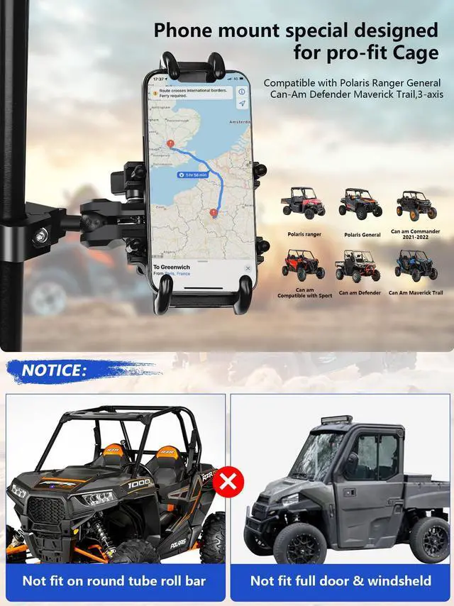 Alt view image 2 of 7 - UTV Phone Mount Compatible with Polaris Ranger General Defender