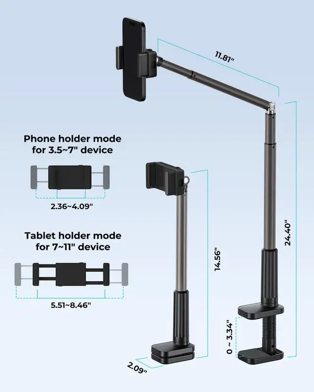 Alt view image 4 of 6 - Tablet Holder Stand, Phone/Kindle Holder with Flexible Aluminum Alloy Long Arm, C Clamp for Headboard Bedside&Table, Compatible with 3.5-11" iPad,Kindle, iPhone 15 14 Plus/Pro Max,B