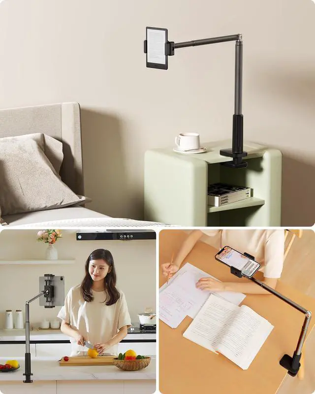 Alt view image 2 of 6 - Tablet Holder Stand, Phone/Kindle Holder with Flexible Aluminum Alloy Long Arm, C Clamp for Headboard Bedside&Table, Compatible with 3.5-11" iPad,Kindle, iPhone 15 14 Plus/Pro Max,B