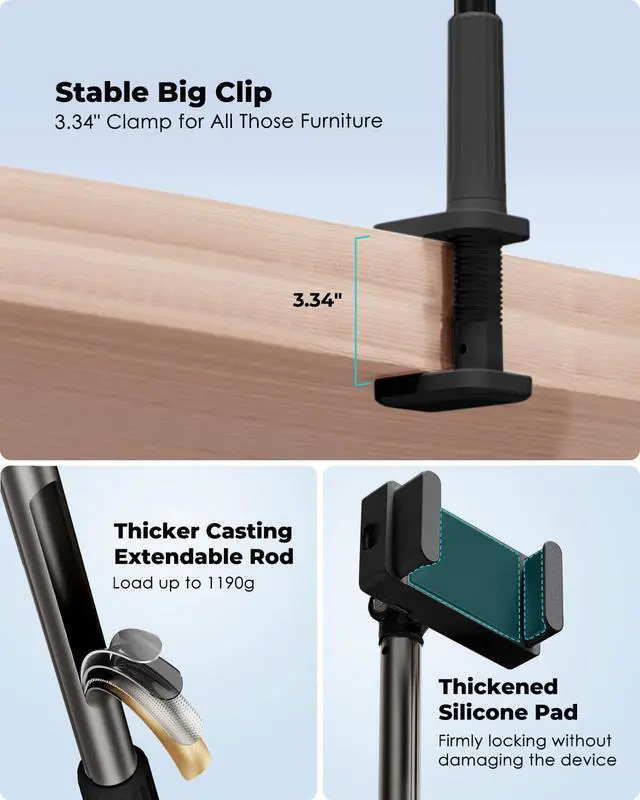Alt view image 5 of 6 - Tablet Holder Stand, Phone/Kindle Holder with Flexible Aluminum Alloy Long Arm, C Clamp for Headboard Bedside&Table, Compatible with 3.5-11" iPad,Kindle, iPhone 15 14 Plus/Pro Max,B