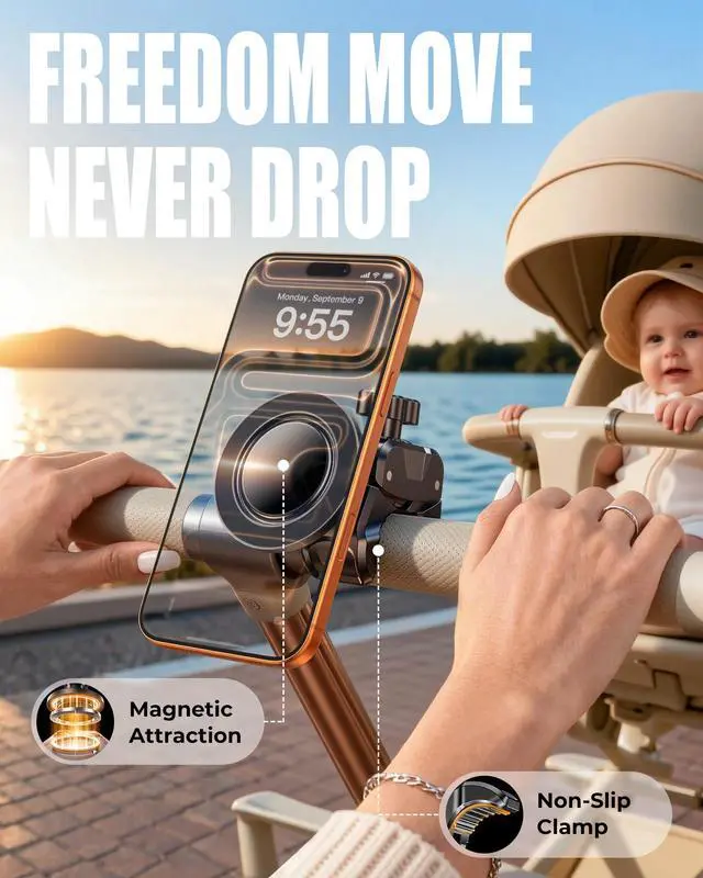 Alt view image 2 of 7 - Magnetic Gym Stroller Phone Holder with Clamp, 16 x N55 Strong Magnet Phone Mount, 360° Rotating & 60° Tilt for Treadmill/Exercise Bike/Golf Cart/Shopping Cart, Fit for iPhone 12-17