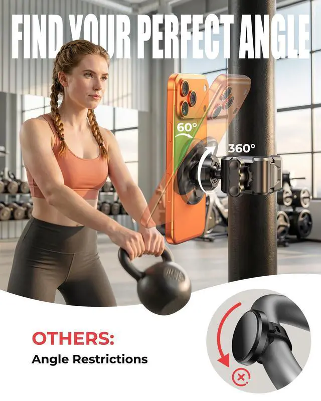 Alt view image 6 of 7 - Magnetic Gym Stroller Phone Holder with Clamp, 16 x N55 Strong Magnet Phone Mount, 360° Rotating & 60° Tilt for Treadmill/Exercise Bike/Golf Cart/Shopping Cart, Fit for iPhone 12-17