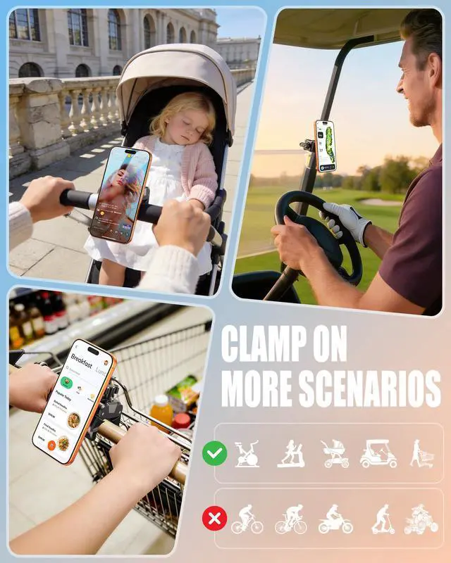 Alt view image 7 of 7 - Magnetic Gym Stroller Phone Holder with Clamp, 16 x N55 Strong Magnet Phone Mount, 360° Rotating & 60° Tilt for Treadmill/Exercise Bike/Golf Cart/Shopping Cart, Fit for iPhone 12-17