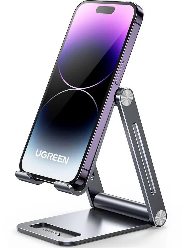 Alt view image 5 of 6 - Phone Stand for Desk Cell Phone Holder Adjustable Compatible with iPhone 17 Air/16/15/14/13 Pro Max/12 Mini/11/XS Max/XR/X/Nintendo Switch, Aluminum Metal Desktop Stand Portable, Space Grey