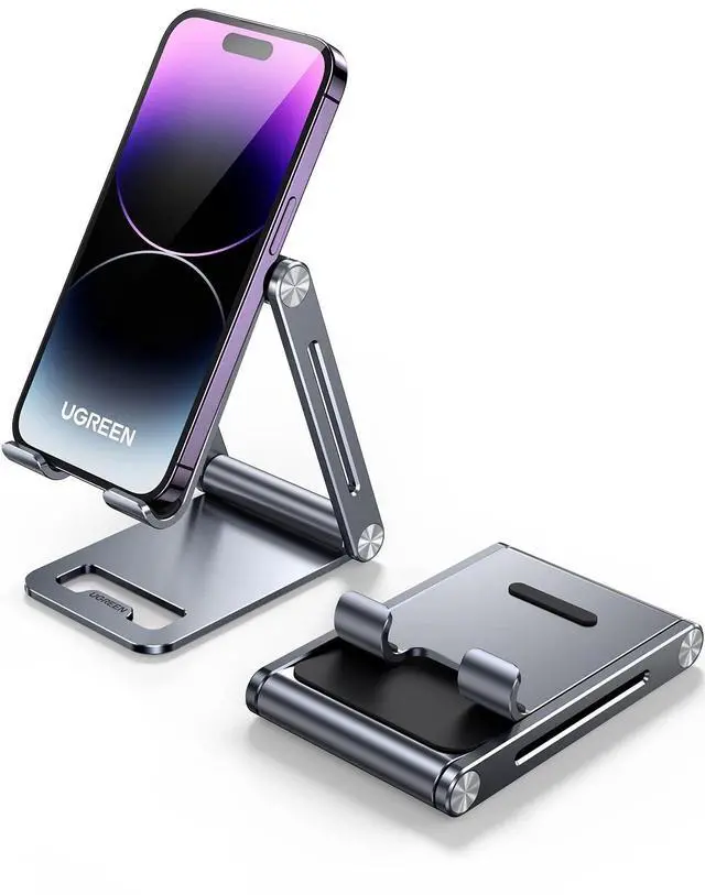 Alt view image 6 of 6 - Phone Stand for Desk Cell Phone Holder Adjustable Compatible with iPhone 17 Air/16/15/14/13 Pro Max/12 Mini/11/XS Max/XR/X/Nintendo Switch, Aluminum Metal Desktop Stand Portable, Space Grey