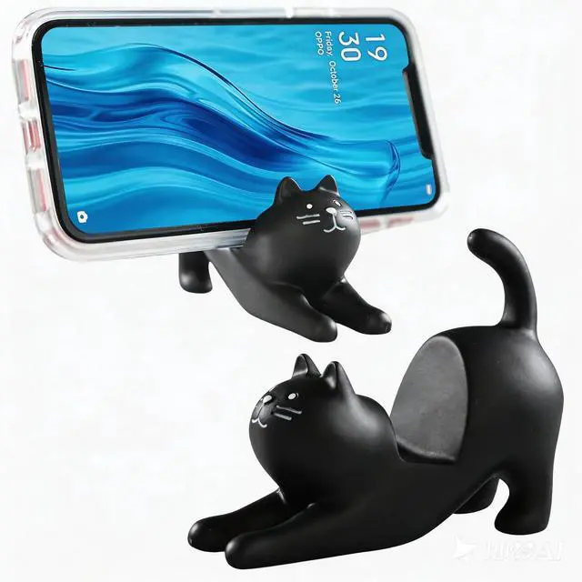 Main image of Phone Holder Stand for Desk, Cute Cell Phone Mount for Office Tablet Accessories Gifts, Cool Desktop Decor Gadgets to Support Your Cellphone for Men Women Boys Girls - Black Cat Kawaii