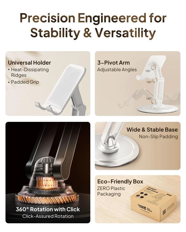 Alt view image 2 of 6 - 360° Stand Rotating Cell Phone Stand for Desk, Desktop Phone Holder | 360° Click Rotating, Adjustable, Foldable, Portable, Metal Base, Cell Phone Holder for Desk; Fits all Samsung, Android Phones