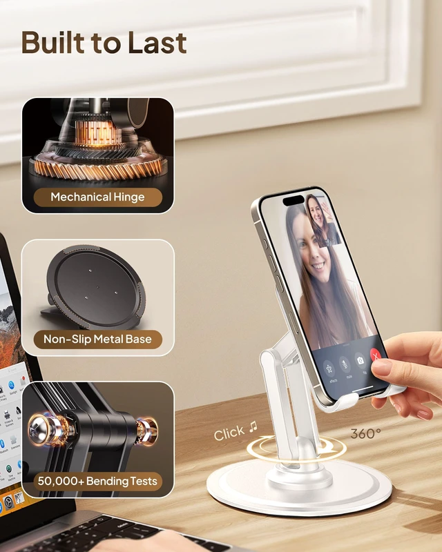 Alt view image 3 of 6 - 360° Stand Rotating Cell Phone Stand for Desk, Desktop Phone Holder | 360° Click Rotating, Adjustable, Foldable, Portable, Metal Base, Cell Phone Holder for Desk; Fits all Samsung, Android Phones