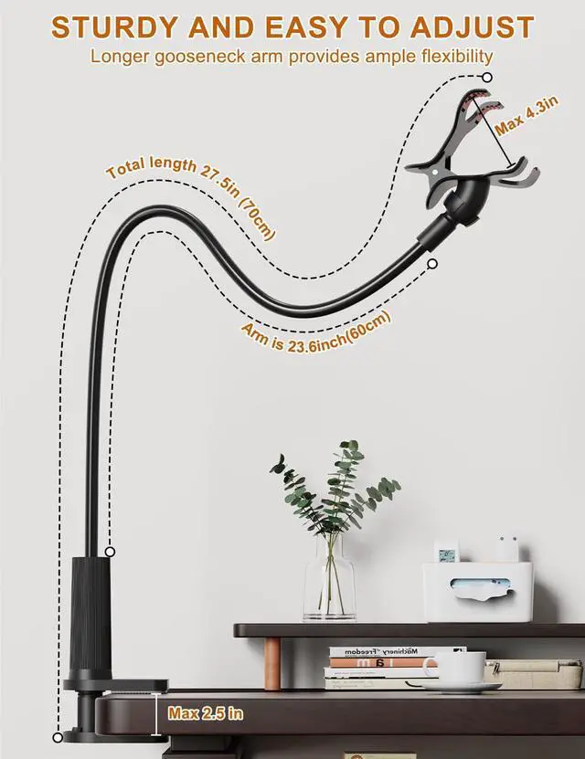 Alt view image 2 of 7 - Phone Holder for Bed, Gooseneck Phone Holder for Desk Bedside Table, Flexible Gooseneck Long Arm Stand with Adjustable 360°Cell Phone Mount Clamp Clip for iPhone and All 4-7" Phone