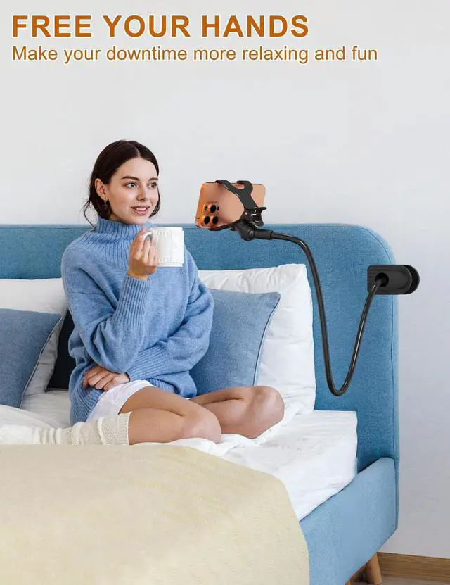 Alt view image 6 of 7 - Phone Holder for Bed, Gooseneck Phone Holder for Desk Bedside Table, Flexible Gooseneck Long Arm Stand with Adjustable 360°Cell Phone Mount Clamp Clip for iPhone and All 4-7" Phone