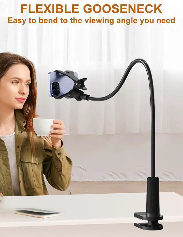 Alt view image 7 of 7 - Phone Holder for Bed, Gooseneck Phone Holder for Desk Bedside Table, Flexible Gooseneck Long Arm Stand with Adjustable 360°Cell Phone Mount Clamp Clip for iPhone and All 4-7" Phone