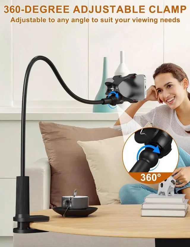 Alt view image 4 of 7 - Phone Holder for Bed, Gooseneck Phone Holder for Desk Bedside Table, Flexible Gooseneck Long Arm Stand with Adjustable 360°Cell Phone Mount Clamp Clip for iPhone and All 4-7" Phone