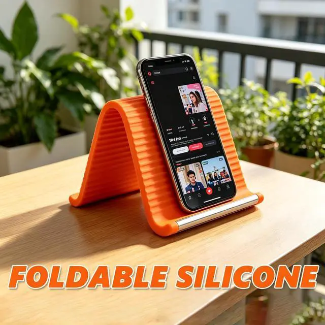 Alt view image 2 of 7 - Portable Foldable Silicone Aluminum Phone Holder, Upgrade Flexible Silicone Phone Stand, Universal Adjustable Anti-Slip Desktop Mount for Home Office Travel (Orange)