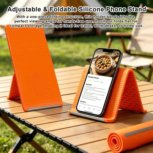 Alt view image 6 of 7 - Portable Foldable Silicone Aluminum Phone Holder, Upgrade Flexible Silicone Phone Stand, Universal Adjustable Anti-Slip Desktop Mount for Home Office Travel (Orange)