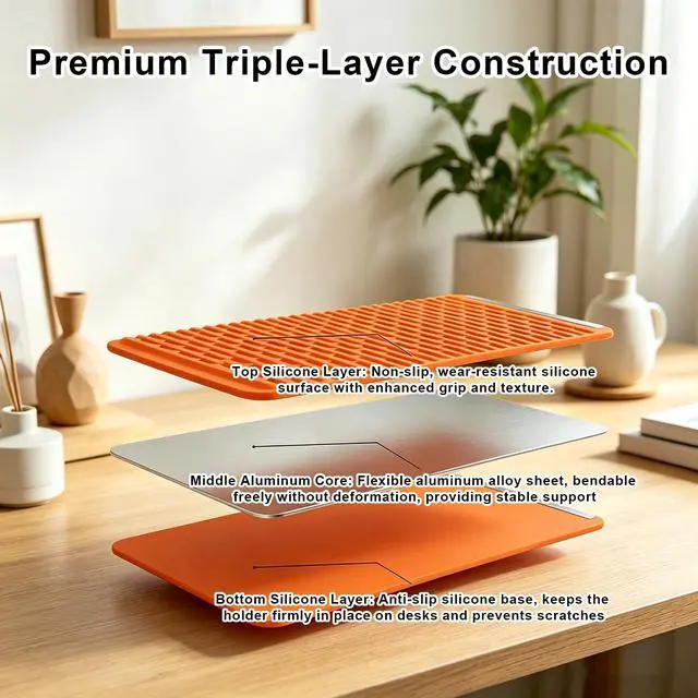 Alt view image 7 of 7 - Portable Foldable Silicone Aluminum Phone Holder, Upgrade Flexible Silicone Phone Stand, Universal Adjustable Anti-Slip Desktop Mount for Home Office Travel (Orange)
