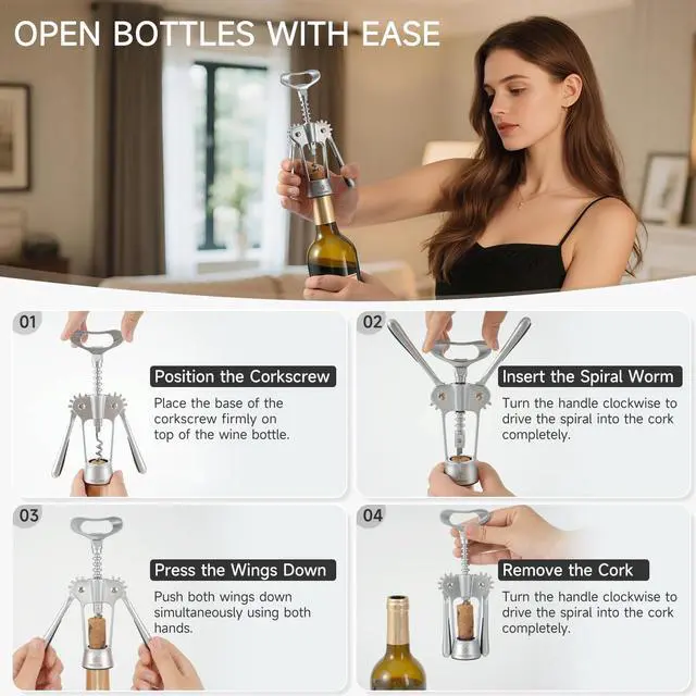 Alt view image 4 of 7 - Wing Corkscrew Wine Opener with Sharp Spiral Screw Matte Silver