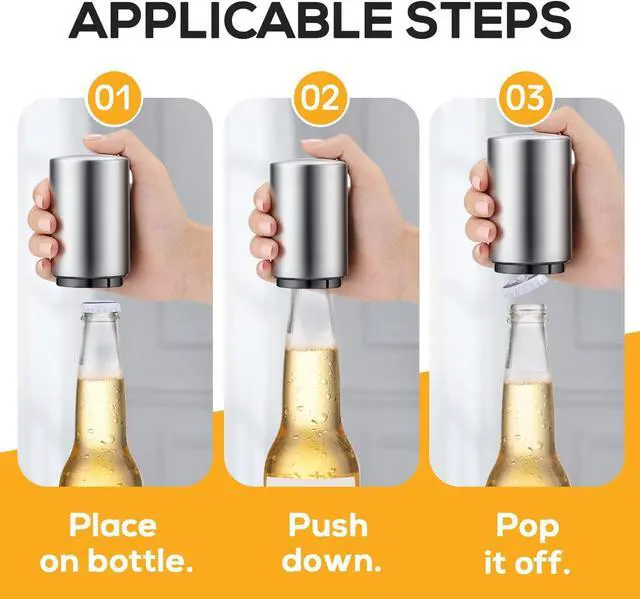 Alt view image 3 of 6 - Premium Beer Bottle Opener (Silver), 1 PC Stainless Steel Automatic Push Down No Damage Quick to Open Small Portable Bottle Cap Openers for Home Bars Picnic Camping Hiking