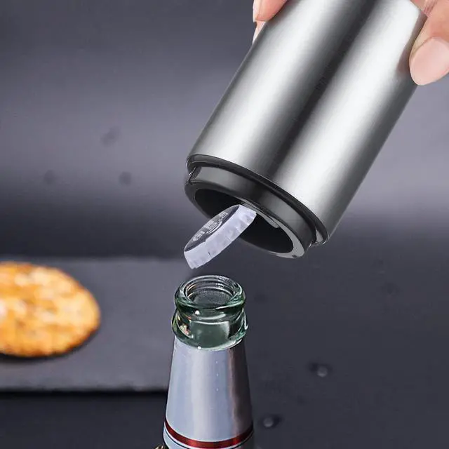 Alt view image 6 of 6 - Premium Beer Bottle Opener (Silver), 1 PC Stainless Steel Automatic Push Down No Damage Quick to Open Small Portable Bottle Cap Openers for Home Bars Picnic Camping Hiking