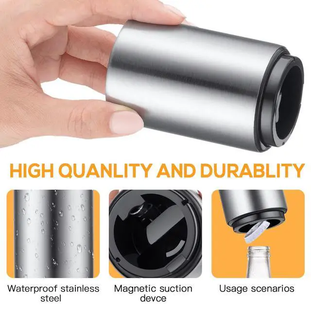 Alt view image 4 of 6 - Premium Beer Bottle Opener (Silver), 1 PC Stainless Steel Automatic Push Down No Damage Quick to Open Small Portable Bottle Cap Openers for Home Bars Picnic Camping Hiking