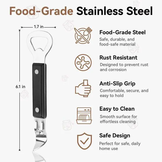 Alt view image 3 of 6 - 2-in-1 Can Punch Opener & Bottle Opener, Can Opener, Stainless Steel, Non-Slip Handle, Compact 6.1", For Traditional Cans (No Pull-Tab) & Pry-Off Bottle Caps