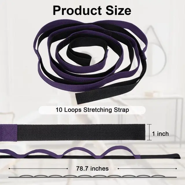 Alt view image 2 of 7 - Yoga Strap for Stretching with 10 Loops Inelastic Soft Polyester Cotton Stretch Out Band for Exercise, Yoga, Pilates and Dance for Men and Women, Black