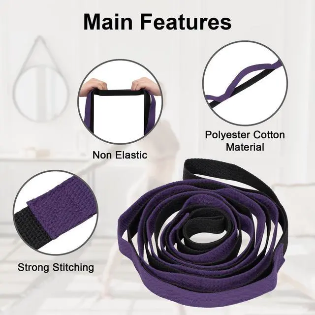 Alt view image 3 of 7 - Yoga Strap for Stretching with 10 Loops Inelastic Soft Polyester Cotton Stretch Out Band for Exercise, Yoga, Pilates and Dance for Men and Women, Black