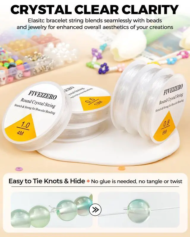 Alt view image 2 of 6 - 6 Rolls Elastic Bracelet String Cord, 0.4mm, 0.5mm, 0.6mm, 0.7mm, 0.8mm, 1mm Crystal Clear Stretchy Elastic Bead String for Bracelets, Jewelry Making and Clay Pony Seed Stone Beads Beading