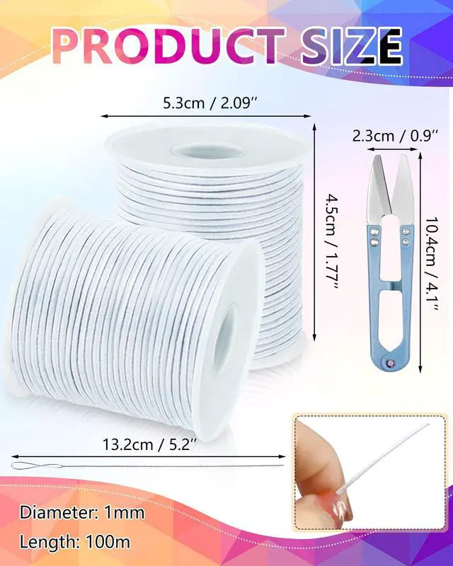 Alt view image 2 of 7 - 2 Rolls White Elastic Bracelet String Total 330 Feet,1mm,1.2mm,1.5mm Elastic Cord for Beading Stretchy String with Beading Needle for Bracelets, Sewing, Necklace, Jewelry Making and Crafts
