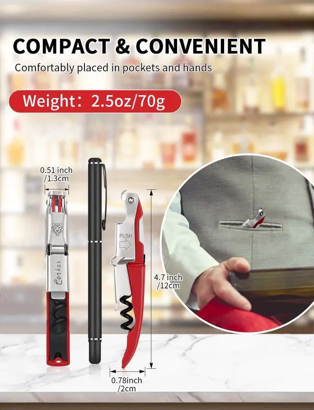 Alt view image 6 of 7 - Wine Key - Professional Handcrafted Heavy Duty Waiter Corkscrew, Compact Wine Opener with Double Hinged, Foil Cutter and Bottle Opener, Gifts for Servers, Sommelier, Bartenders - Red