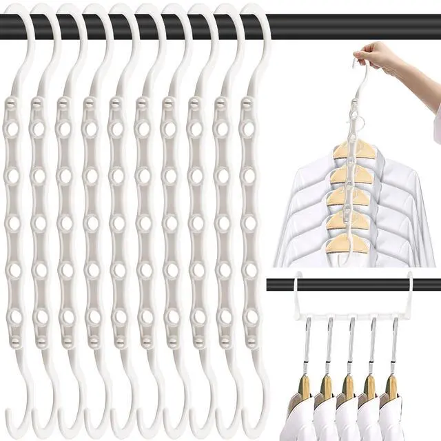 Main image of Space Saving Hangers 10 Pack, Heavy Duty Magic Cascading Hanger Organizer with 5 Enclosed Anti-Slip Holes, Closet Organizers and Storage for Clothes, College Dorm Room Essentials, White
