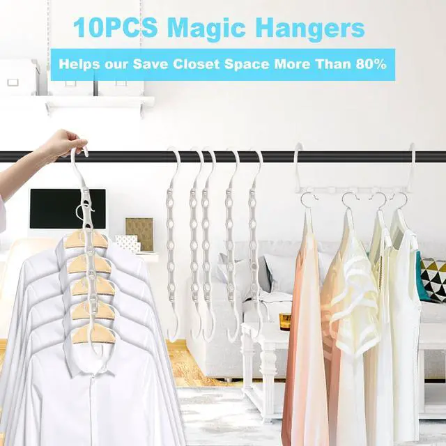Alt view image 3 of 7 - Space Saving Hangers 10 Pack, Heavy Duty Magic Cascading Hanger Organizer with 5 Enclosed Anti-Slip Holes, Closet Organizers and Storage for Clothes, College Dorm Room Essentials, White