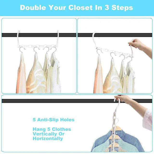 Alt view image 4 of 7 - Space Saving Hangers 10 Pack, Heavy Duty Magic Cascading Hanger Organizer with 5 Enclosed Anti-Slip Holes, Closet Organizers and Storage for Clothes, College Dorm Room Essentials, White