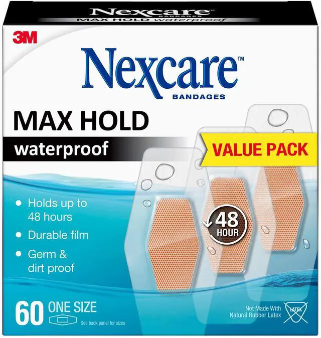 Main image of Max Hold Waterproof Bandages, Stays On for 48 Hours, Flexible Bandages for Fingers, Knees and Heels - 60 Pack Clear Waterproof Bandages