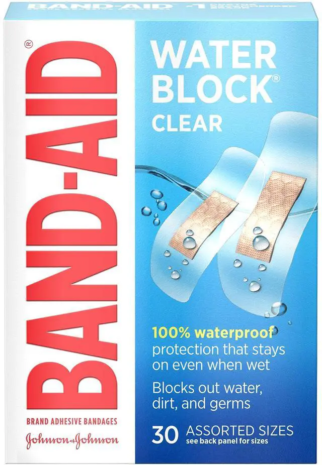 Main image of Brand Water Block Clear Waterproof Sterile Adhesive Bandages for First-Aid Wound Care of Minor Cuts and Scrapes, Assorted Sizes, 30 ct