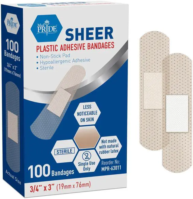 Main image of Sheer Bandages,Latex-Free,Hypoallergenic,Sterile,3/4x3 in,100-Ct